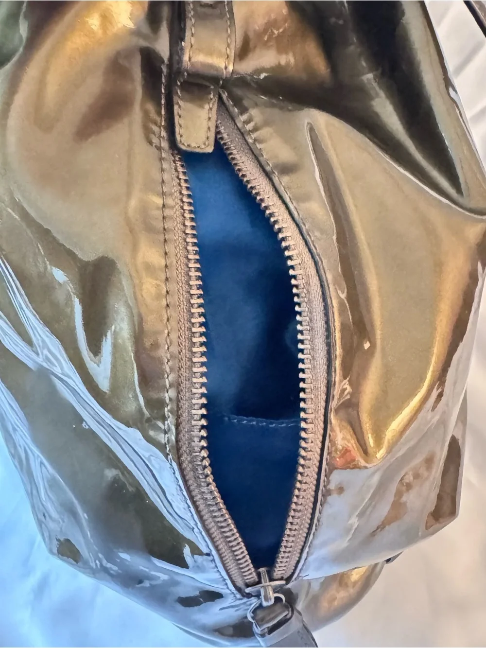 Coach Madison Marielle Drawstring Bucket Bag Gunmetal Olive Patent Leather Purse